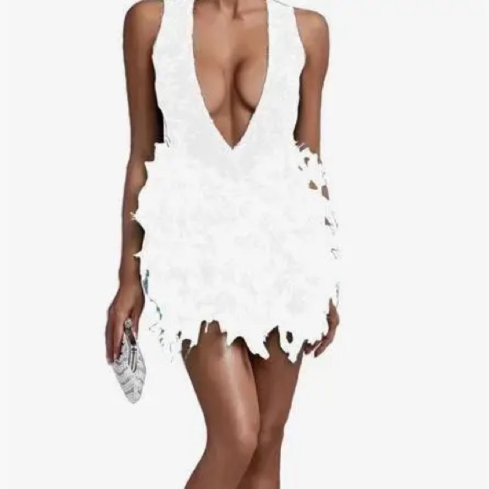Deep V Sequin Feather Party Evening Dress